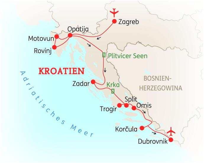 Reiseroute der 10-tägigen Kroatien Rundreise 