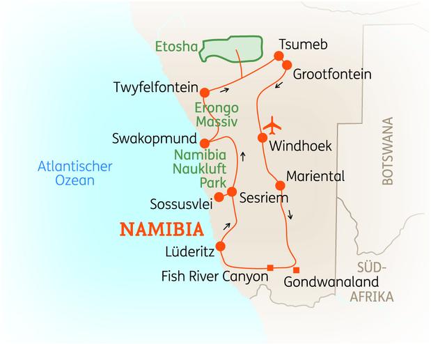 Reiseroute der 17 bis 18 Tage Namibia Reise