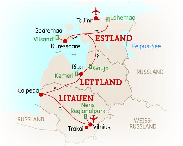 Reiseroute der 11 Tage Baltikum Reise