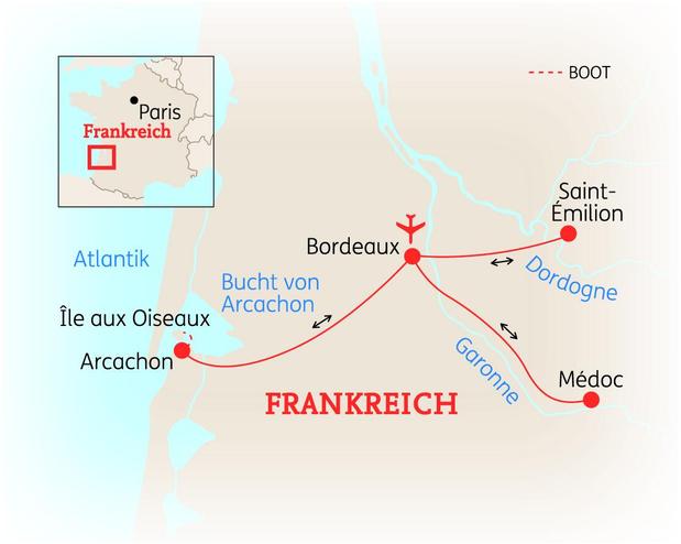 Reiseroute der 8-tägigen Bordeaux & Atlantik Rundreise 