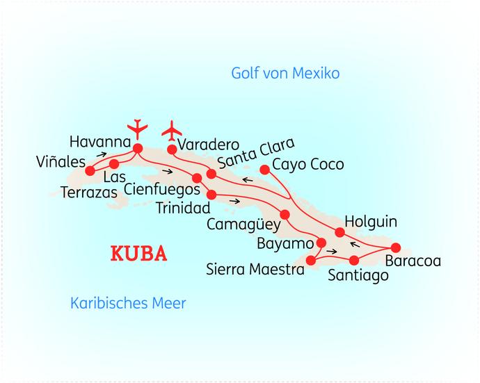 Reiseroute der 22 Tage Kuba Reise