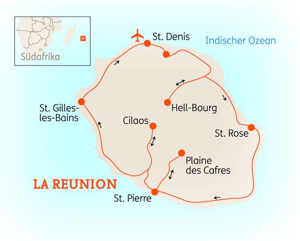 Reiseroute der 12 Tage La Réunion Reise