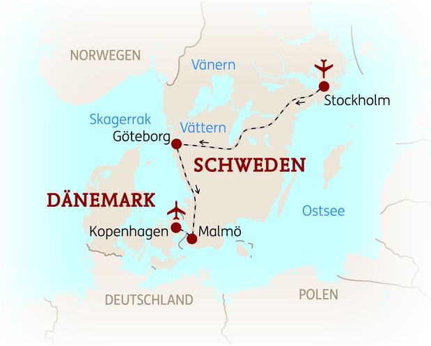 Reiseroute der 8 Tage Stockholm, Göteborg, Malmö & Kopenhagen Reise