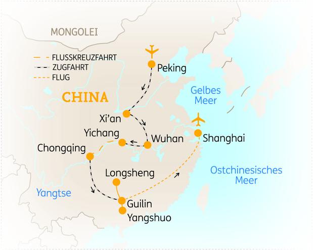 Reiseroute der 16 Tage China Reise