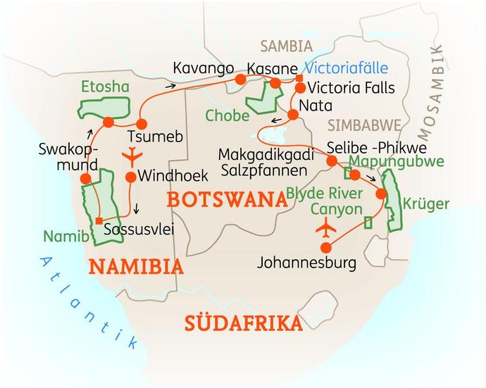 Reiseroute der 21 Tage NAMIBIA, BOTSWANA & SÜDAFRIKA Reise