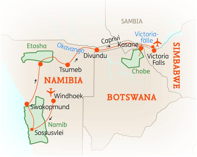 Reiseroute der 15 Tage Namibia & Botswana Reise