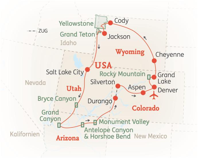 Reiseroute der 16 Tage Rocky Mountains & Südwesten Reise