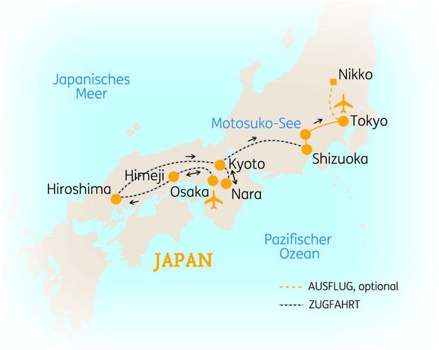 Reiseroute der 12 Tage Japan Reise