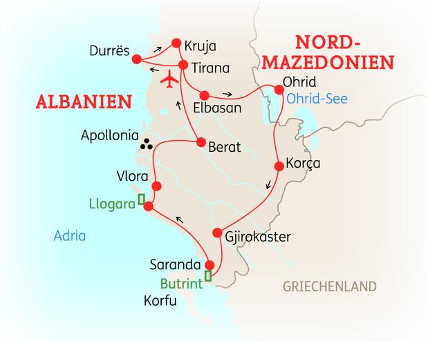 Reiseroute der 10 Tage Albanien Reise