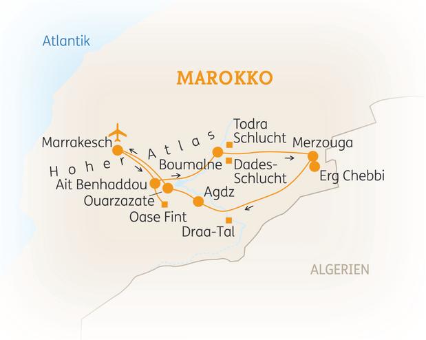 Reiseroute der 11 Tage Marokko Reise