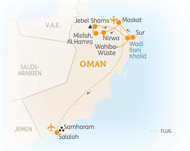 Reiseroute der 9 bis 11 Tage Oman Reise
