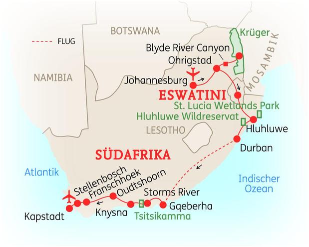 Reiseroute der 16 Tage Südafrika Reise