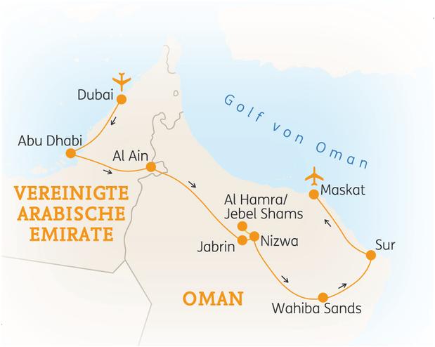 Reiseroute der 11 Tage Oman & Arabische Emirate Reise
