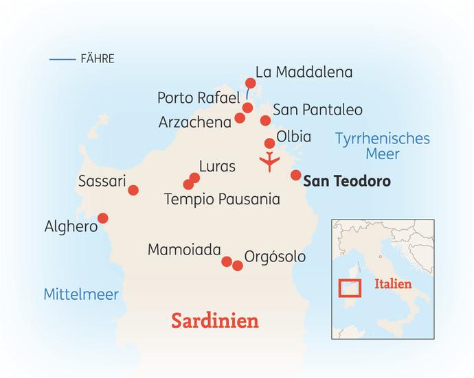 Reiseroute der 8-tägigen Sardinien Reise