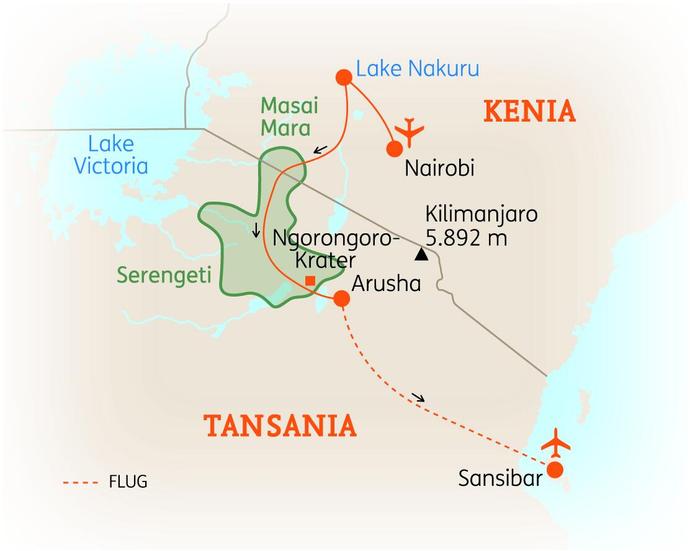 Reiseroute der 15-tägigen Tansaniareise 