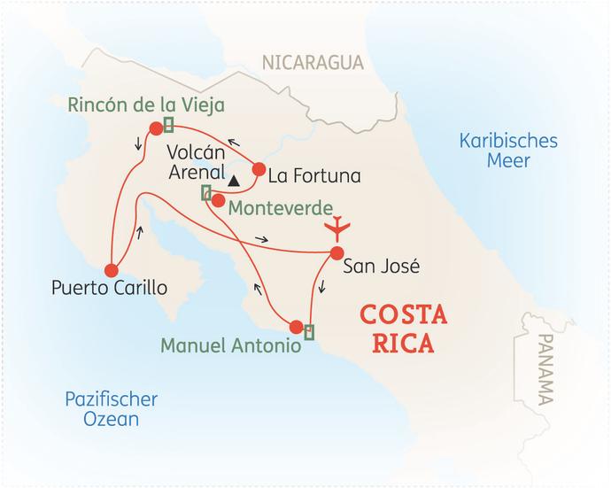 Reiseroute der 15-tägigen Costa Rica Rundreise