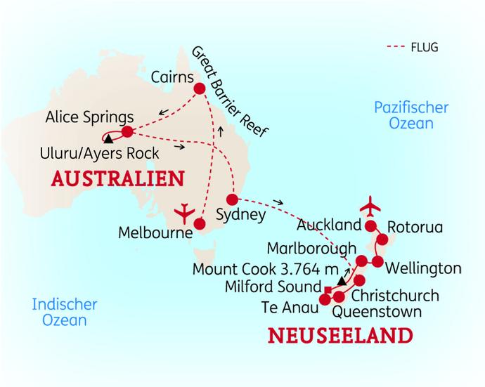 Reiseroute der 25 Tage Australien & Neuseeland Reise