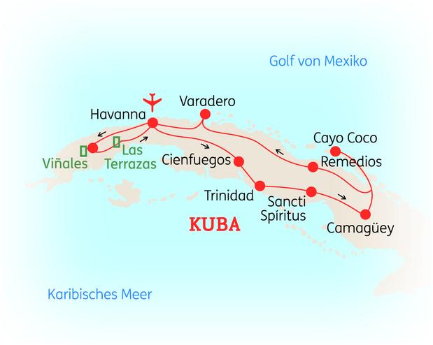 Reiseroute der 18 Tage Kuba Reise