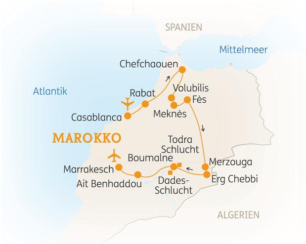 Reiseroute der 10 Tage Marokko Reise