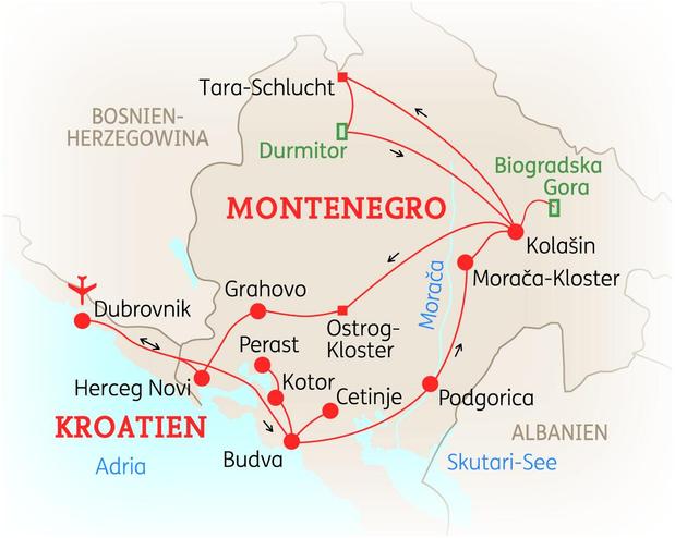 Reiseroute der 11-tägigen Montenegro Rundreise 