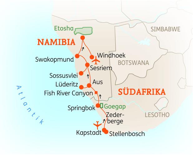 Reiseroute der 19 Tage Südafrika & Namibia Reise