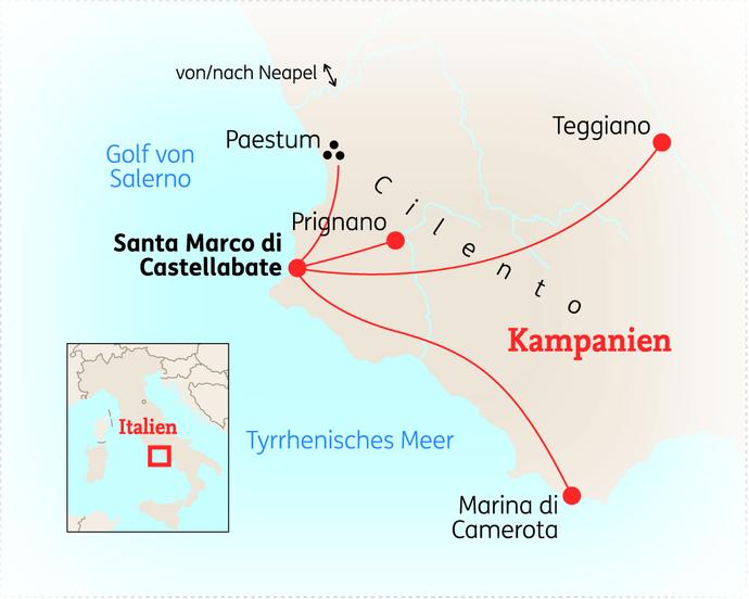 Reiseroute der 8 Tage Cilento Reise