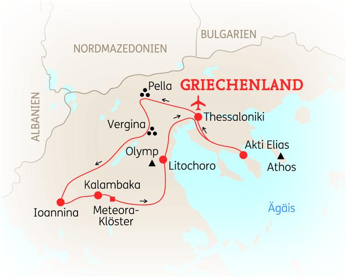 Reiseroute der 9 Tage Griechenland Reise