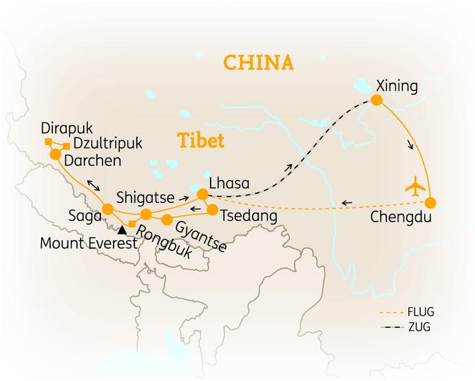 Reiseroute der 20 Tage Tibet Reise