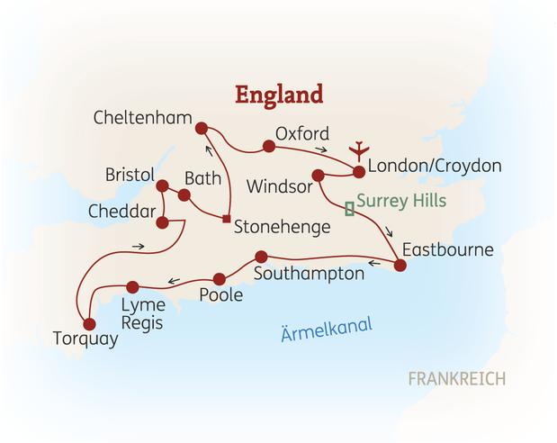 Reiseroute der 10 Tage Südengland Reise