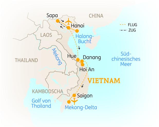 Reiseroute der 15 Tage Vietnam Reise