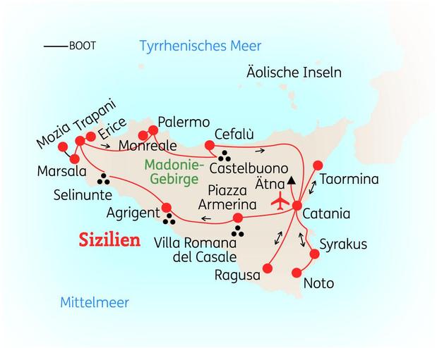 Reiseroute der 14 Tage Sizilien Reise