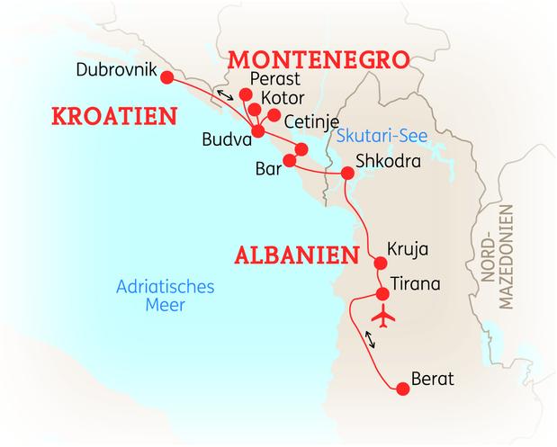 Reiseroute der 8 Tage Balkan Reise