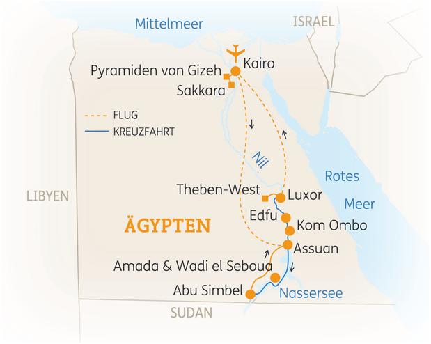 Reiseroute der 11 Tage Ägypten Reise