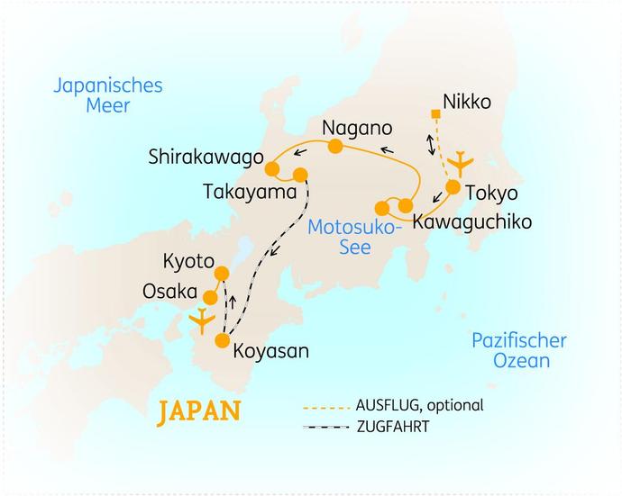 Reiseroute der 13 Tage Japan Reise