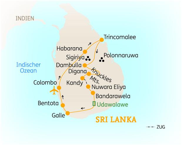 Reiseroute der 16 Tage Sri Lanka Reise