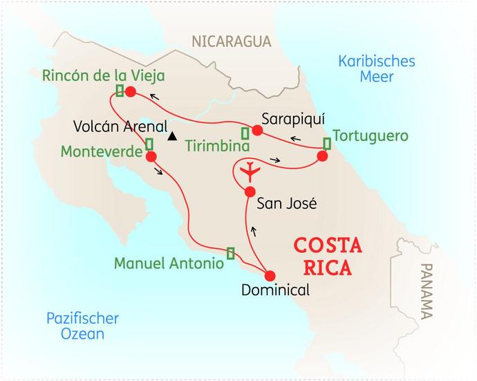 Reiseroute der 15-tägigen Costa Rica Rundreise 