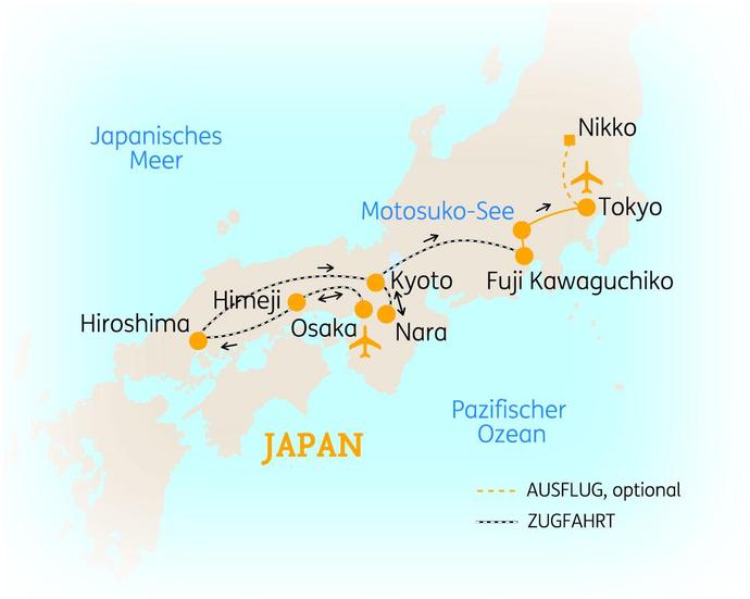 Reiseroute der 12-tägigen Japanreise 