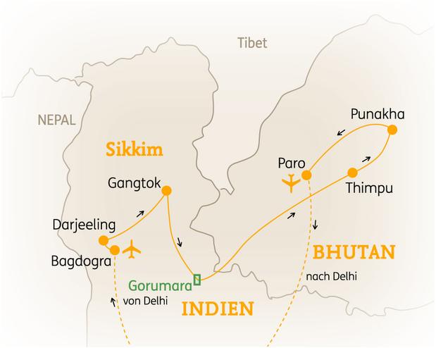 Reiseroute der 13 Tage Sikkim & Bhutan Reise