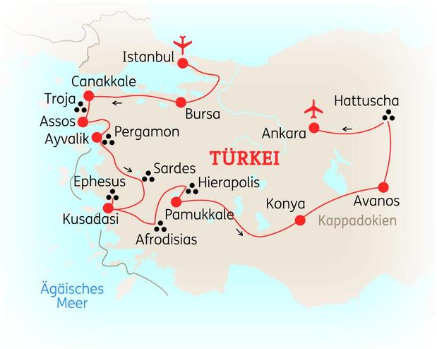 Reiseroute der 15 Tage Türkei Reise