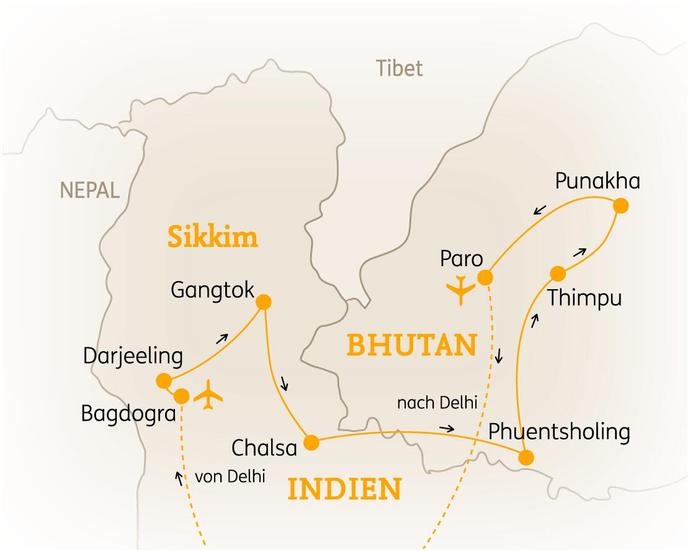 Reiseroute der 13 Tage Sikkim & Bhutan Reise