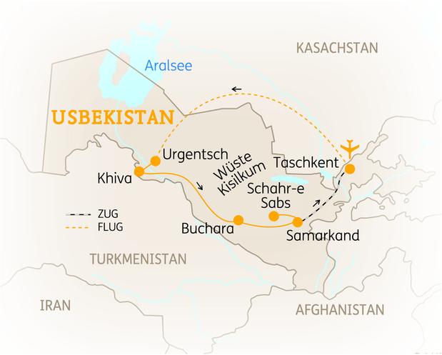 Reiseroute der 11 Tage Usbekistan Reise