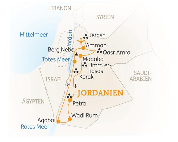Reiseroute der 11 Tage Jordanien Reise