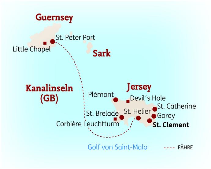 Reiseroute der 8 Tage Jersey & Guernsey Reise