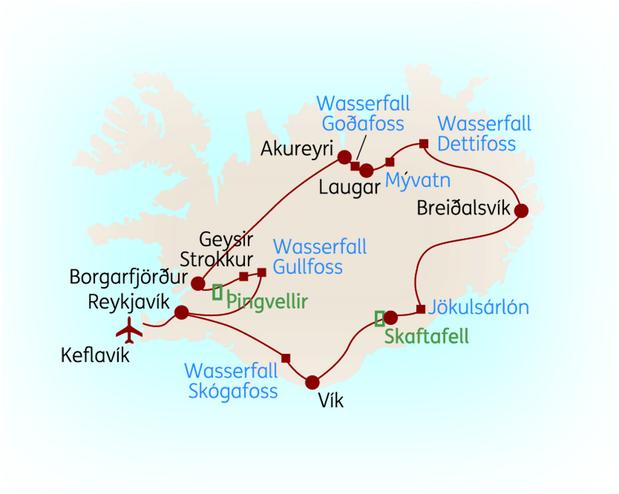 Reiseroute der 8 Tage Island Reise