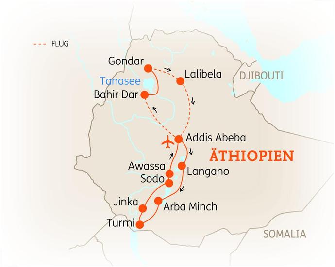 Reiseroute der 16 Tage Äthiopien Reise