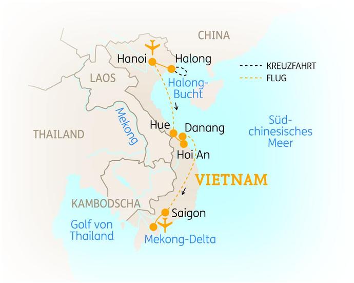 Reise Route der 15-tägigen Vietnam Reise