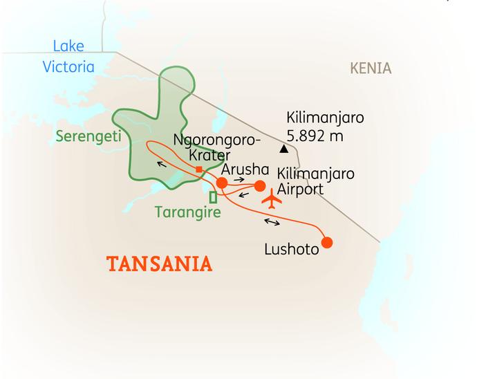 Reiseroute der 14 Tage Tansania Reise