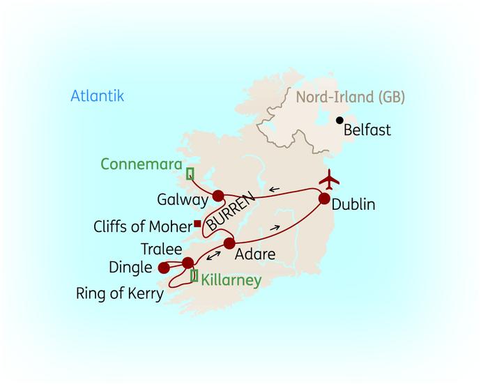 Reiseroute der 8 Tage Irland Reise