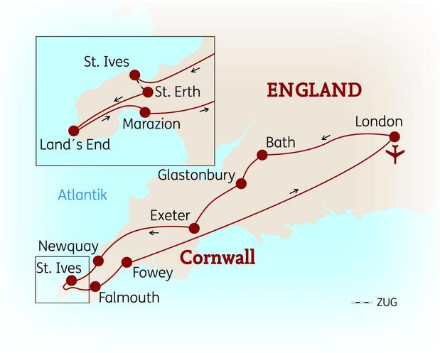 Reiseroute der 9-tägigen Cornwall Rundreise