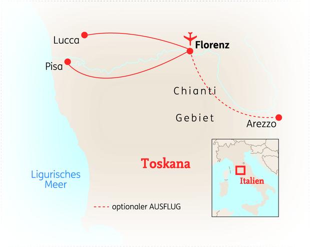 Reiseroute der 8 Tage Florenz & Toskana Reise